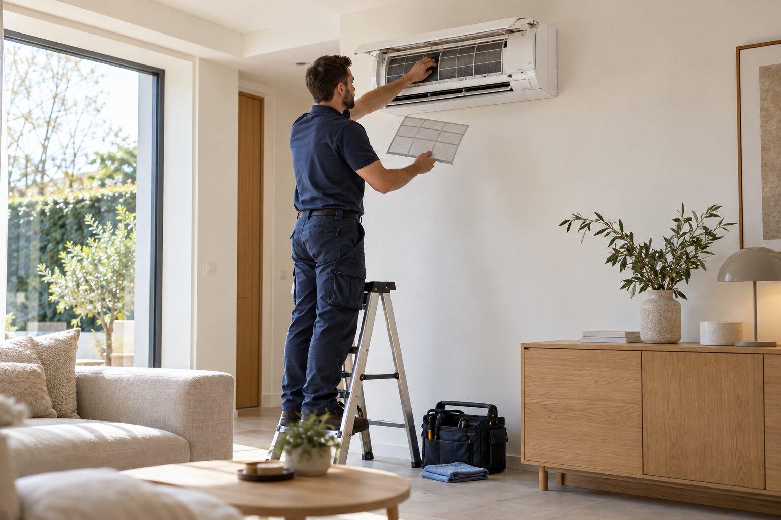 Een technicus op een trapladder reinigt de filter van een wandairco in een woonkamer.