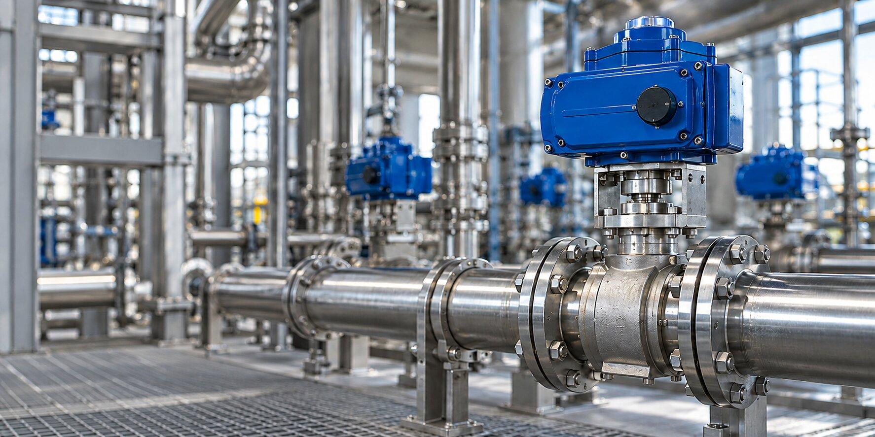 Een blauwe elektrische actuator op een roestvrijstalen afsluiter in een procesinstallatie.