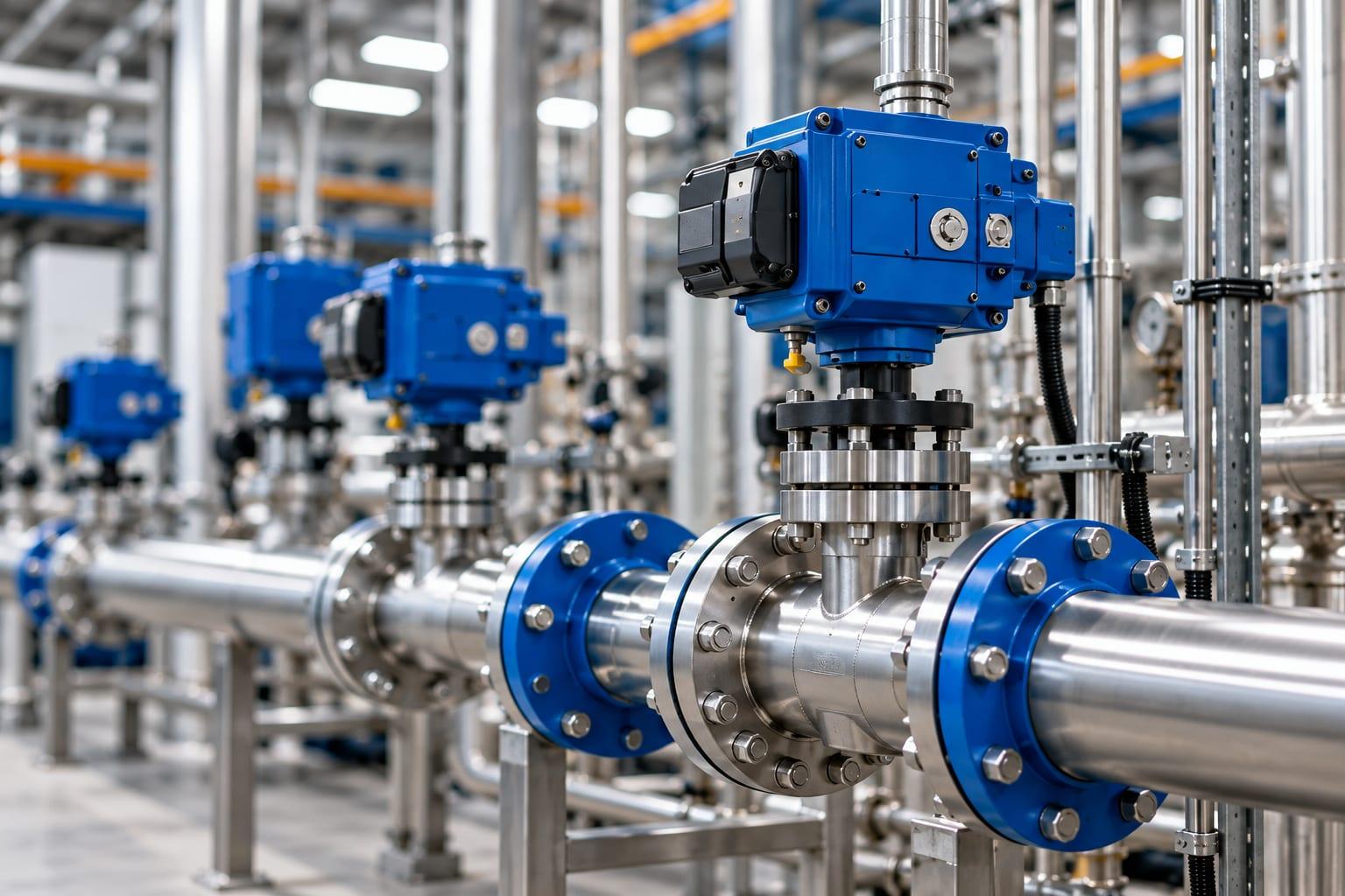 Blauwe elektrische actuatoren op roestvrijstalen afsluiters in een procesinstallatie.
