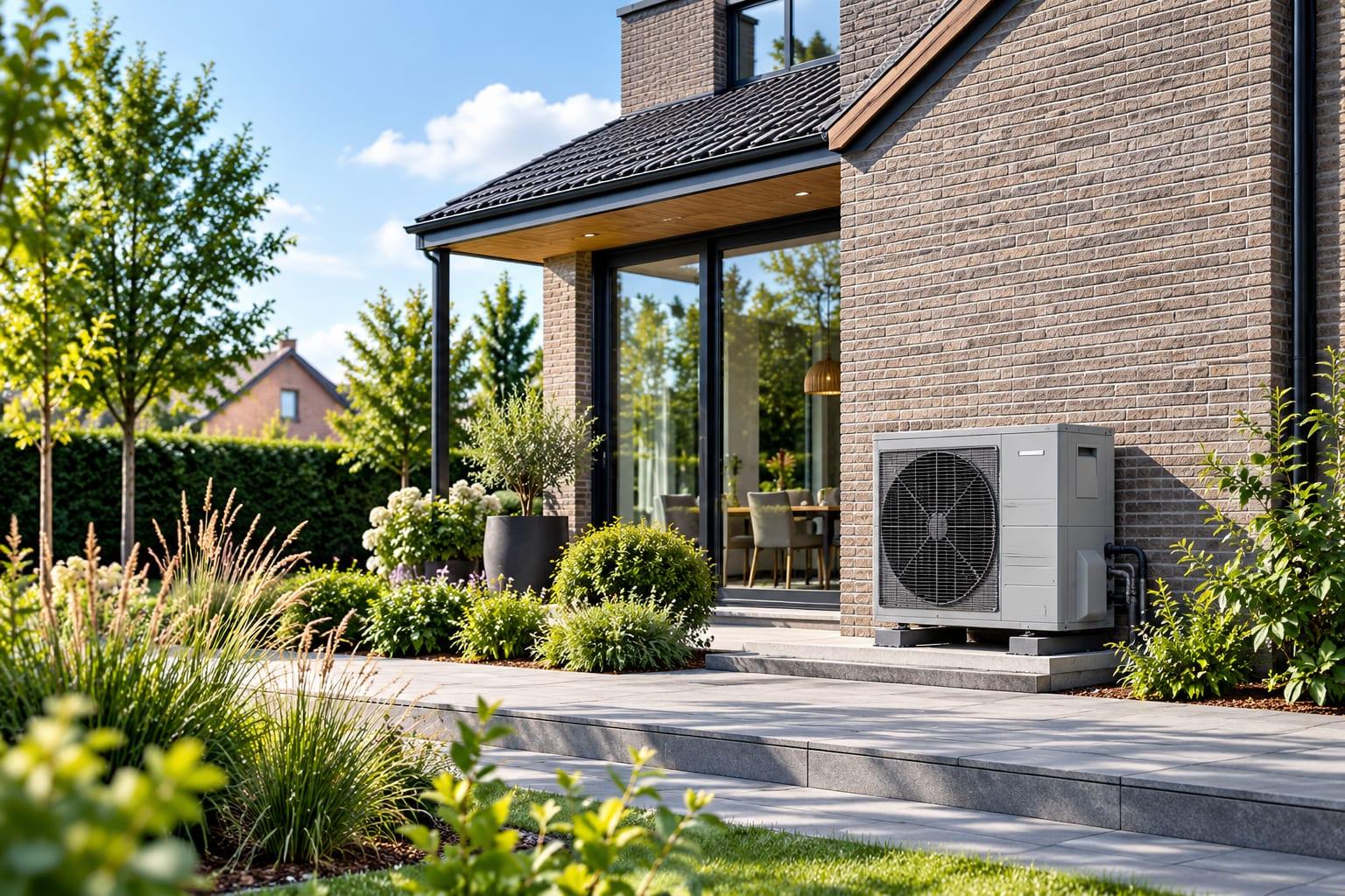 Een warmtepomp tegen de gevel van een bakstenen woning met een groene tuin.