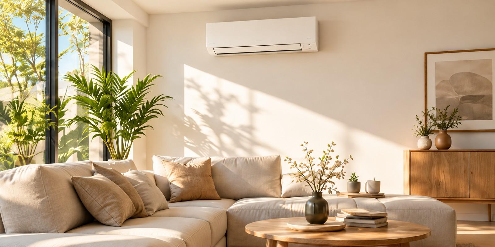 Een zonnige woonkamer met een wandairco boven een lichte sofa.