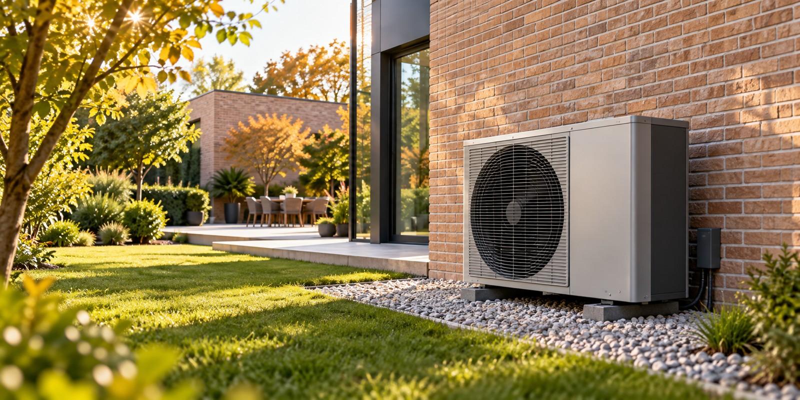 Een warmtepomp tegen de bakstenen gevel van een moderne woning.